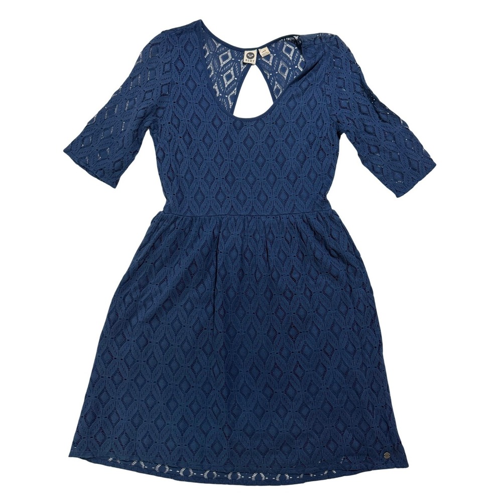 Roxy Blue Crochet Lace Dress Open Back 3/4 Sleeve Women's Small